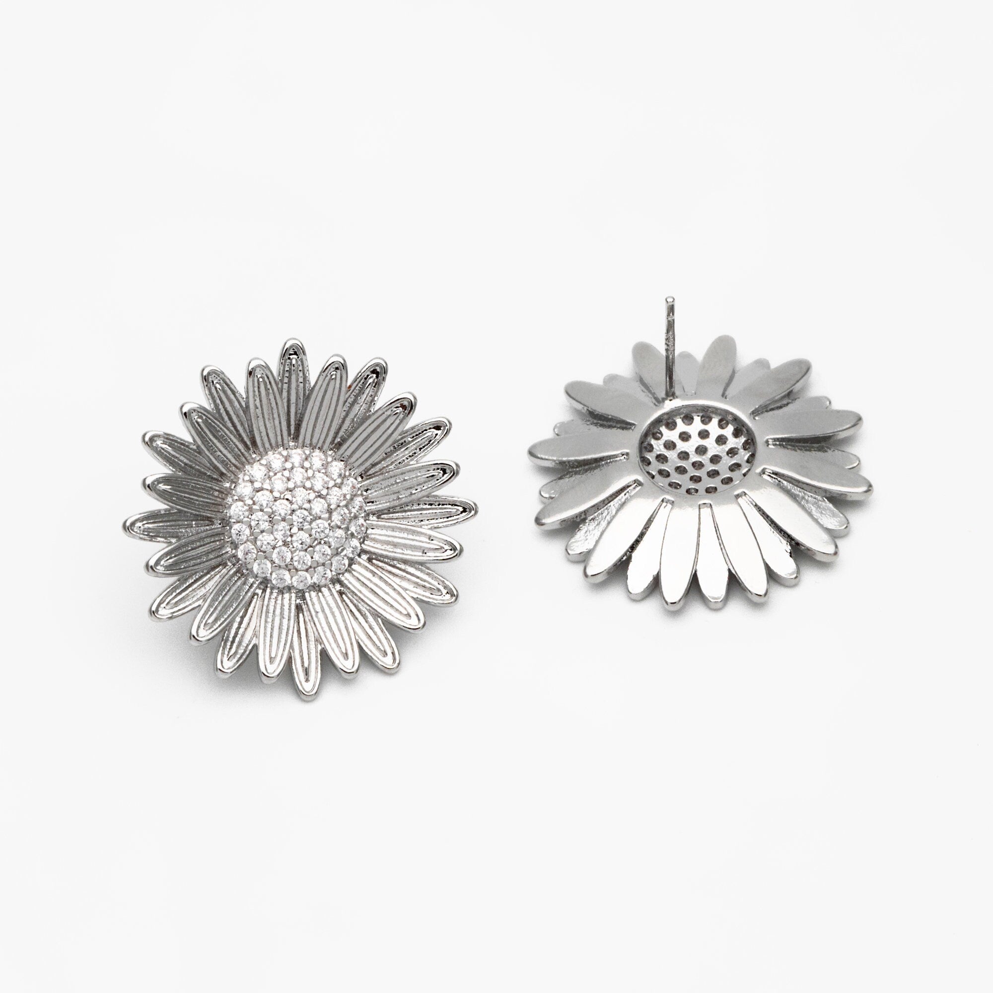 4pcs CZ Pave Gold/ Silver Sunflower Earrings, 25mm, Gold/ Rhodium Plated Brass Flower Stud Earrings (GB-4204)